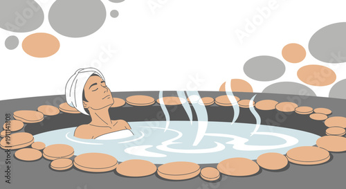 Person Relaxing In A Steaming Hot Spring With Towel On Head And Stones Around