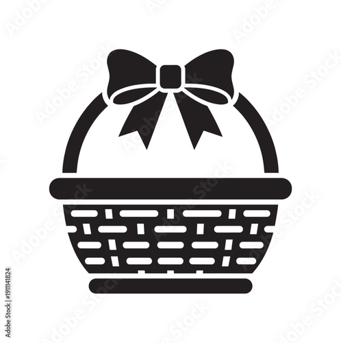 Empty black wicker gift basket icon with a large decorative bow on the handle, symbolizing a present, celebration, or a festive holiday occasion