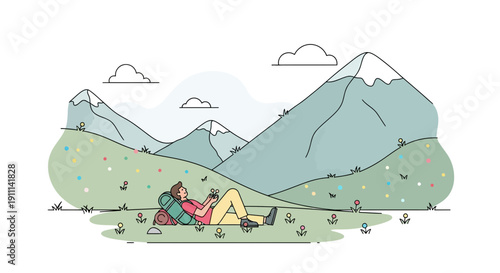Person Resting Amongst Flowered Mountainside Backpacking Adventure Moment