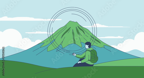 Person Sitting Contemplating Majestic Mountain Summit