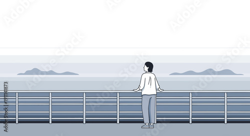 Person Gazing Out At A Calm Ocean Horizon From A Deck