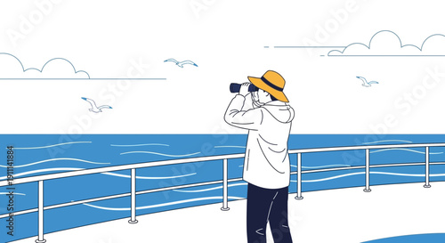 Person Gazing Through Binoculars Over A Vast Blue Ocean With Seagulls Flying
