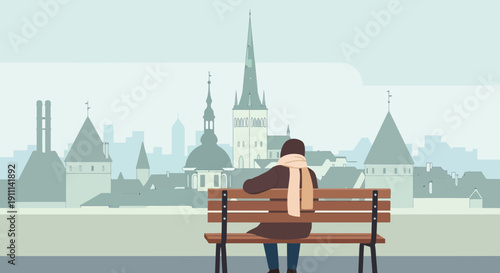 Person Sitting On Bench Admiring Historic European City Skyline In Winter