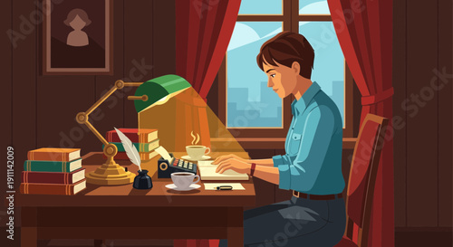 Person Typing At Desk With Books And Lamp Inspiring Creative Work