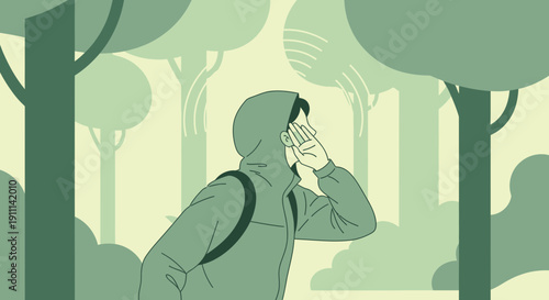 Person In Nature Listening Attentively Surrounded By Trees
