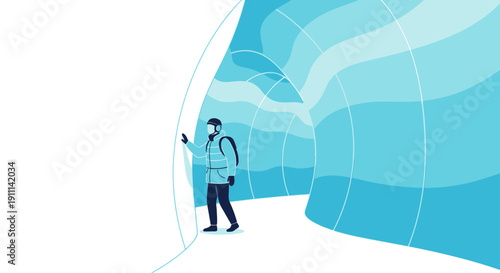 Person In Winter Attire Exploring A Cool Blue Ice Cave