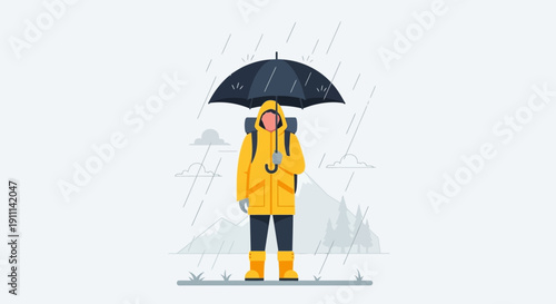 Person In Yellow Raincoat With Umbrella Stands Amidst A Mountain Storm