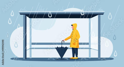 Person Waiting At Bus Stop In Rain