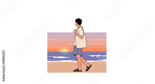 Person Walking Beach Sunset Casual Tote Bag Scenic Horizon View