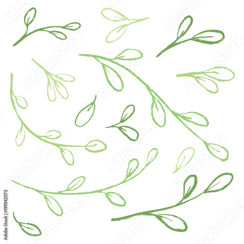 Hand drawn set with branches with rounded leaves. Doodle drawing for decorating greeting cards. Vector sketch illustration in vintage crayon charcoal style