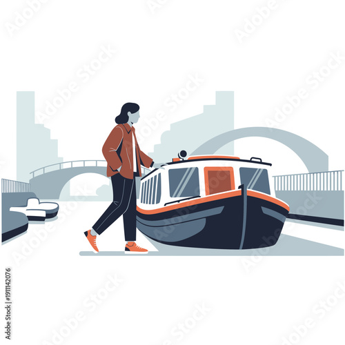 Person Walking Beside Canal Boat Cityscape Bridge Scenic Urban Waterfront Journey