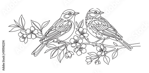 Two small birds line art illustration of a romantic couple perched together on a delicate blooming cherry blossom branch in a minimalist and elegant continuous line style