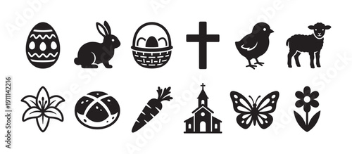 Twelve black silhouette Easter and spring icons, featuring an egg, bunny, basket, cross, chick, lamb, lily, hot cross bun, carrot, church, butterfly, and flower, depicted in a clean, graphic style