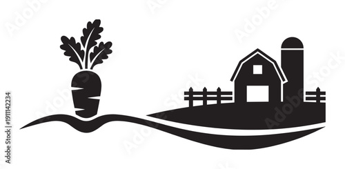 Stylized black and white farm illustration featuring a large carrot growing from the ground and a barn with a silo and fence on a rolling hill, depicted in a simple graphic style