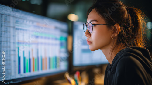 Free Download Young Asian woman focused on spreadsheet data on large monitor, professional posture, modern office interior, lifestyle business banner aesthetic - GFXLoad