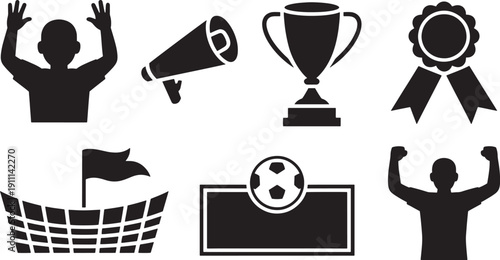 Collection of black sports including cheering fans trophy medal stadium and soccer ball