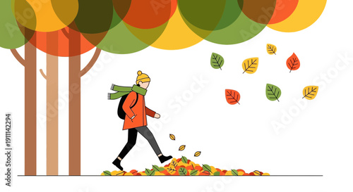 Person Walking Through Autumn Leaves Under Colorful Tree Canopy