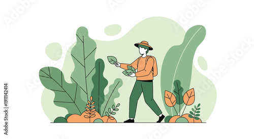 Person Walking Through Lush Green Foliage Collecting Leaves