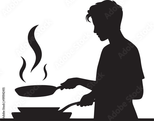 Silhouette of man cooking with frying pan on stove