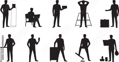 Silhouettes of men performing various tasks with people workers