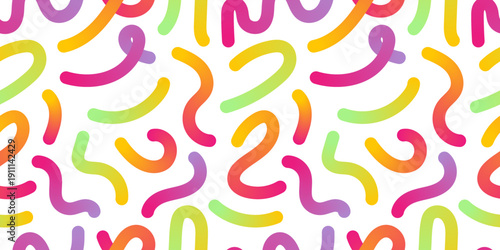 Seamless gradient squiggles on white background. Retro 80s Memphis vibe. Wavy strokes for wallpaper, fabric, wrapping, packaging, stationery, banners and screens. Perfect for surface prints, cards.