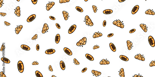 Seamless pattern of cartoon-style bananas and pears on a white background