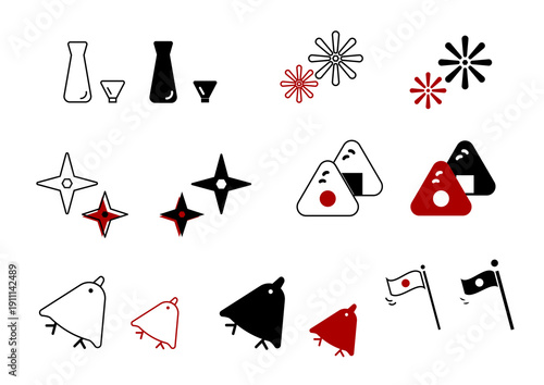 Japanese Culture Icon Set – Sakura, Onigiri, Ninja Star, Flag and Traditional Symbols Vector Collection