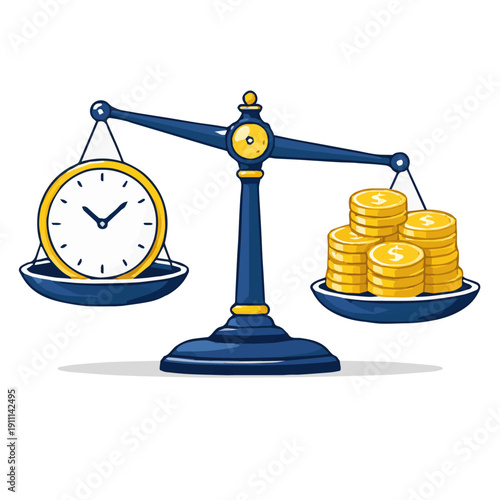 Vector illustration of time and money balance on a blue scale, gold coins and clock, isolated on white, Balance of time and wealth vector 