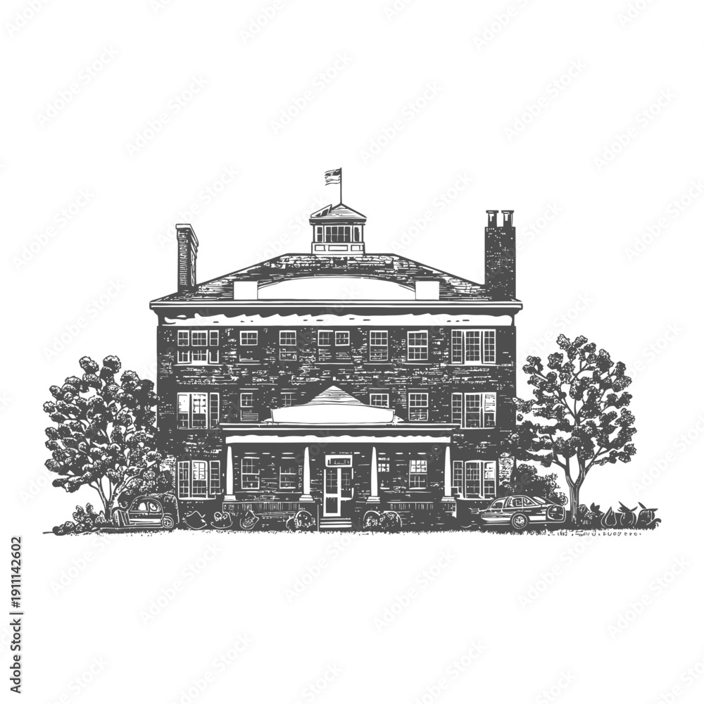 Obraz premium An illustration of a large brick building with trees and flag