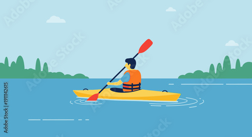 Person Kayaking On Water With Tree Line Background And Sky
