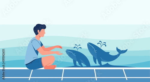 Person Interacting With Whales In Ocean