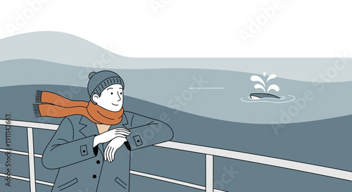 Person Watching Whale Spout from Boat Deck in Cool Weather