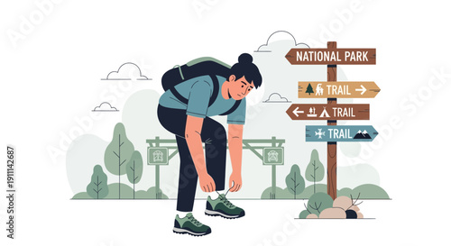 Person Lacing Hiking Boots At National Park Trailhead With Directional Signs