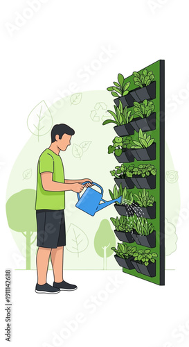 Person Watering Vertical Garden Wall Modern Urban Farming Concept Lush Greenery
