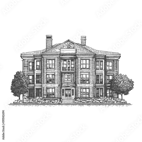 An intricate black and white illustration of a large building