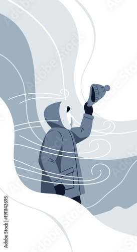 Person Waving Hat In Snowy Winter Storm Weather Wind Gusts