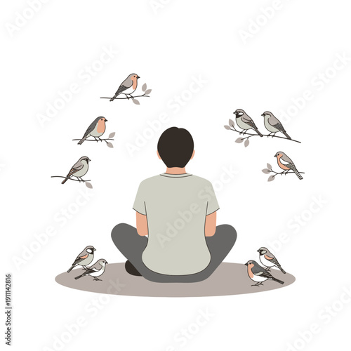 Person Meditating Surrounded By Small Birds Nature Connection And Serenity Illustration