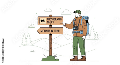 Photographer At Wilderness Crossroads Choosing Mountain Trail Or Photo Tour Adventure