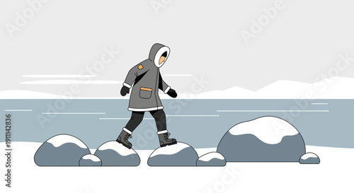 Person Navigating Snowy Rocks Across Icy Water in Stylized Arctic Landscape
