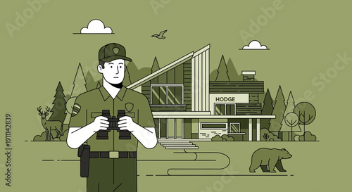 Ranger With Binoculars Observing Wildlife Near Modern Building