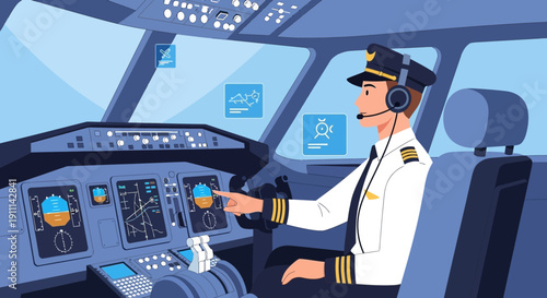 Pilot Operating Aircraft Instruments In A Modern Cockpit