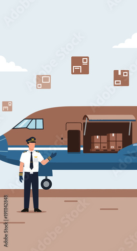 Pilot Oversees Cargo Loading onto a Freight Airplane in a Stylized Illustration