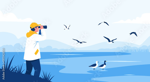 Person Observing Avian Life With Binoculars By Serene Water Body