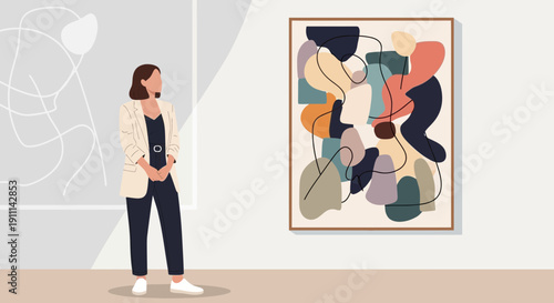 Person Observing Abstract Art in Gallery Setting