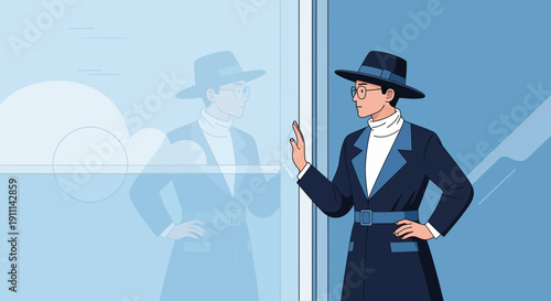 Reflective Figure Gazing Out Window Stylized Illustration