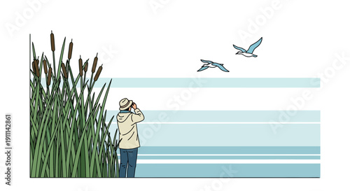 Person Observing Birds Flying Over Water Near Reeds