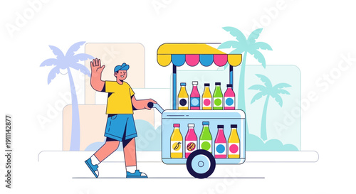 Refreshing Drinks Cart Vendor Offering Refreshments In A Tropical Setting Illustration