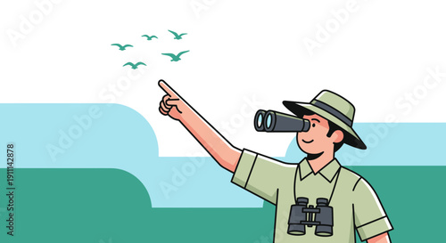 Person Observing Birds Through Binoculars And Pointing Upwards