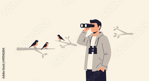 Person Observing Birds With Binoculars On A Branch