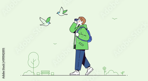 Person Observing Birds With Binoculars In A Park Setting